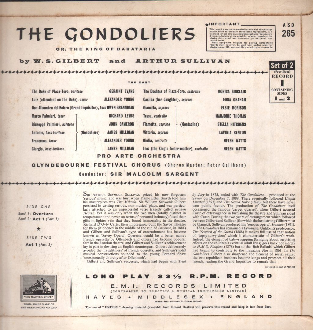 Sir Malcolm Sargent / Glyndebourne Festival Chorus / Pro Arte Orchestra - Gilbert & Sullivan - Gondoliers - Double Lp