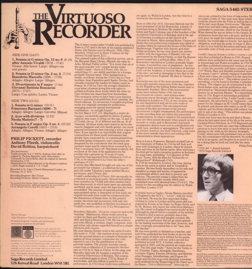 Philip Pickett / Anthony Pleeth / David Roblou - Virtuoso Recorder - Lp