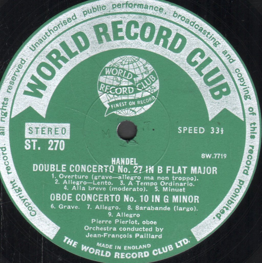 Pierre Pierlot / Jean-Francois Paillard Ensemble - Handel - Royal Fireworks Music / Double Concerto In B Flat Major - Lp