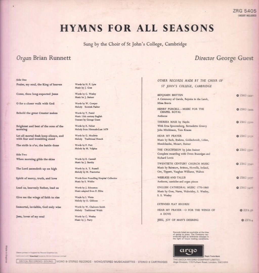 Choir Of St Johns College Cambridge - Hymns For All Seasons - Lp