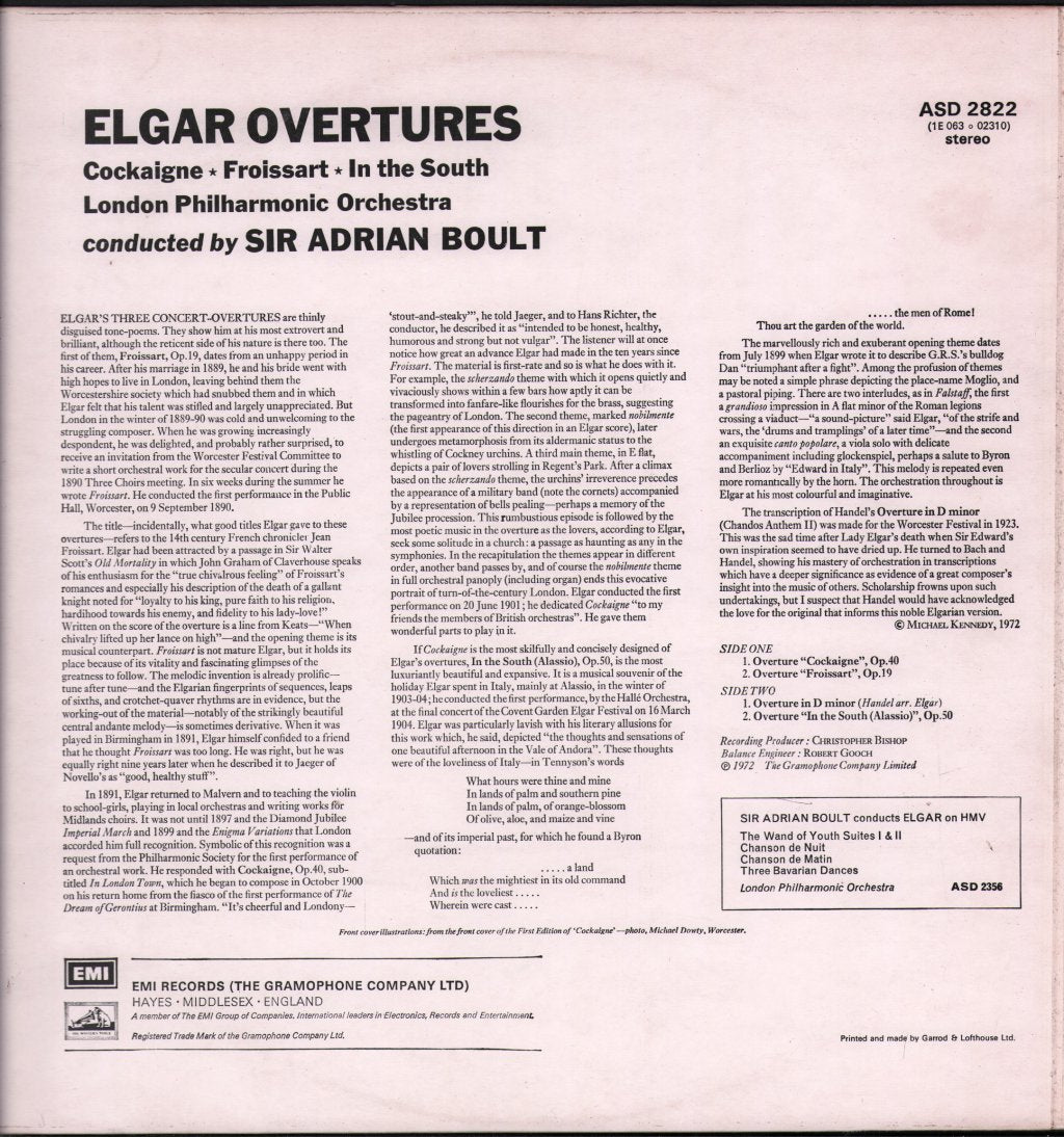 Sir Adrian Boult / London Philharmonic Orchestra - Elgar Overtures - Lp