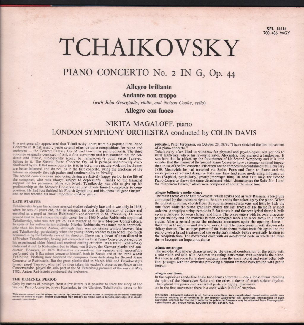 Nikita Magaloff / Colin Davis / London Symphony Orch. - Tchaikovsky - Piano Concerto No.2 In G, Op.44 - Lp