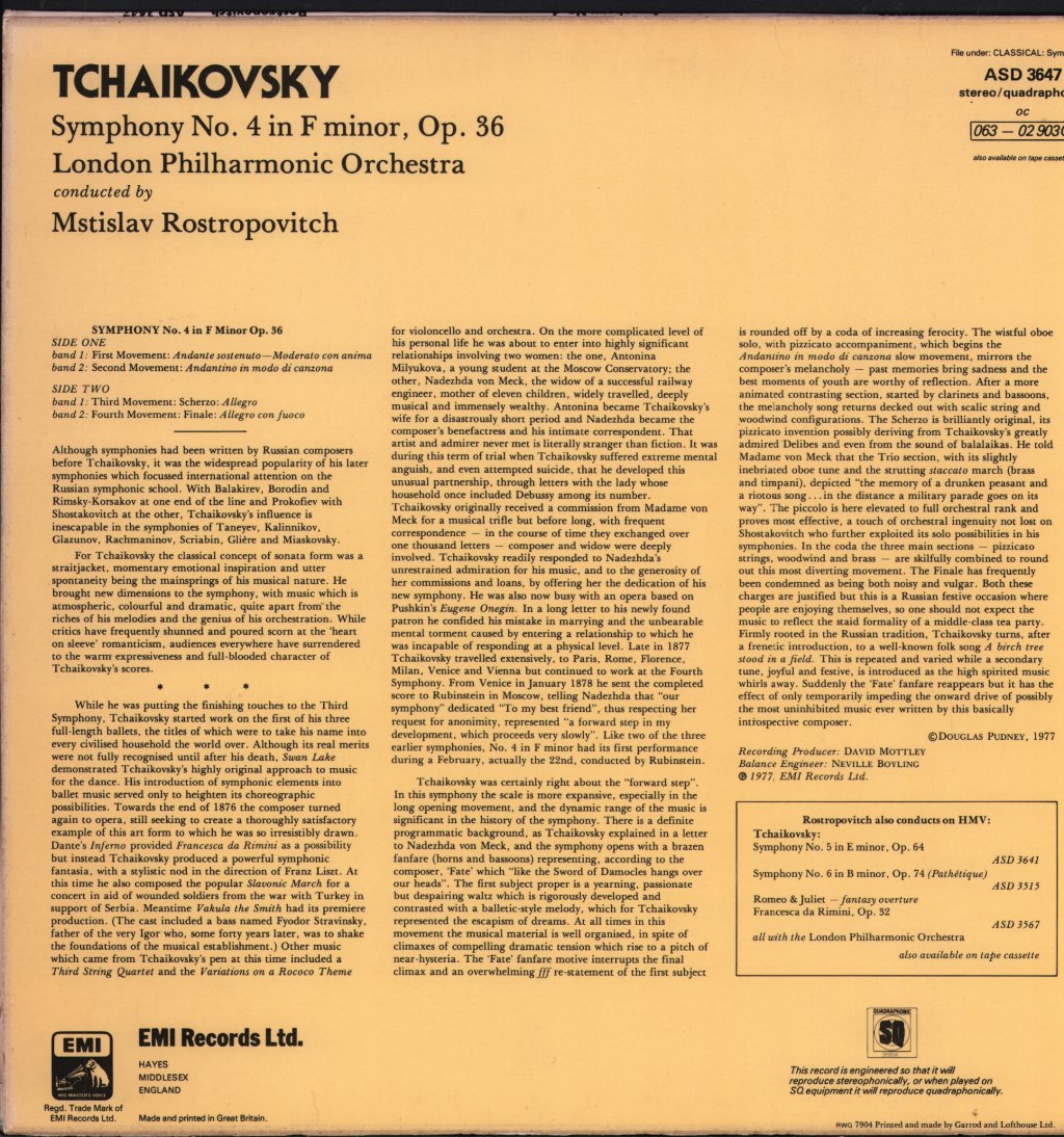 Mstislav Rostropovich / London Philharmonic Orchestra - Tchaikovsky - Symphony No. 4 - Lp