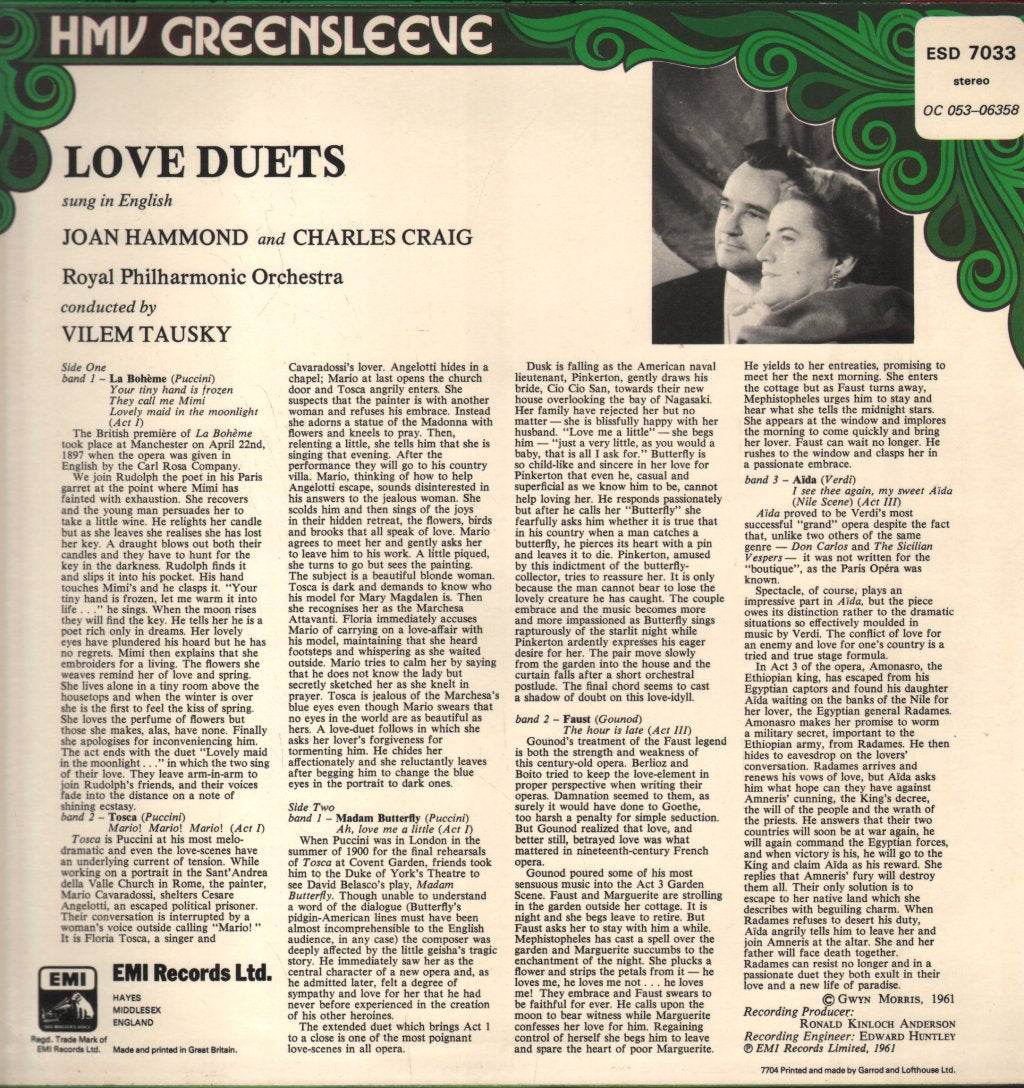 Joan Hammond and Charles Craig / Royal Philharmonic Orchestra / Vilem Tausky - Favourite Operatic Love Duets - Lp