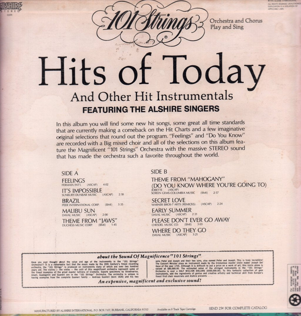 101 strings featuring the alshire singers - Hits Of Today And Other Hit Instrumentals - Lp