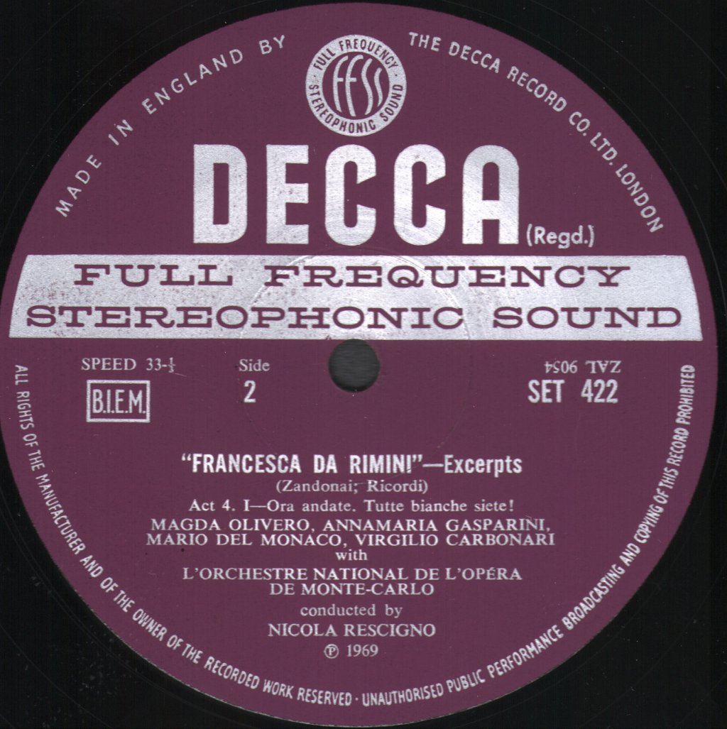 Mario del Monaco / Magda Olivero / Orchestre National De L'Opéra De Monte-Carlo / Nicola Rescigno - Francesca Da Rimini - Excerpts - Lp