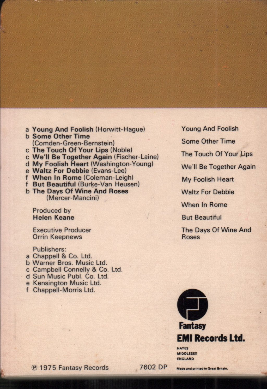 Tony Bennett And Bill Evans - Tony Bennett Bill Evans Album - 8 Track