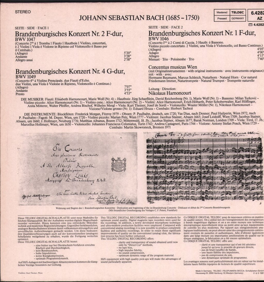 Concentus Musicus Wien / Nikolaus Harnoncourt - J.S. Bach - Brandenburgische Konzerte Nr. 1•2•4 - Lp