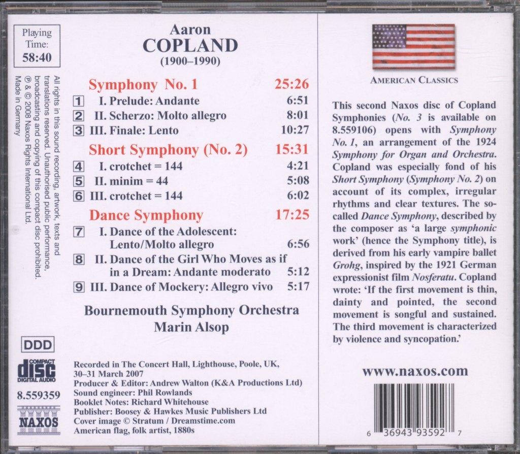 Marin Alsop, Bournemouth Symphony Orchestra - Aaron Copeland - Dance Symphony - Symphony No. 1 - Short Symphony - Cd