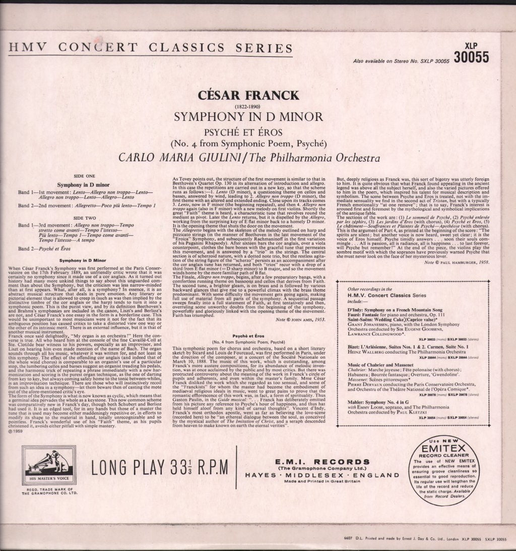 Carlo Maria Giulini / Philharmonia Orchestra - Cesar Franck - Symphony In D Minor / Psyche Et Eros - Lp