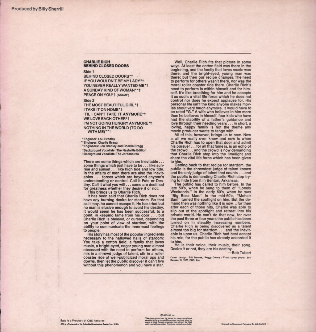 Charlie Rich - Behind Closed Doors - Lp