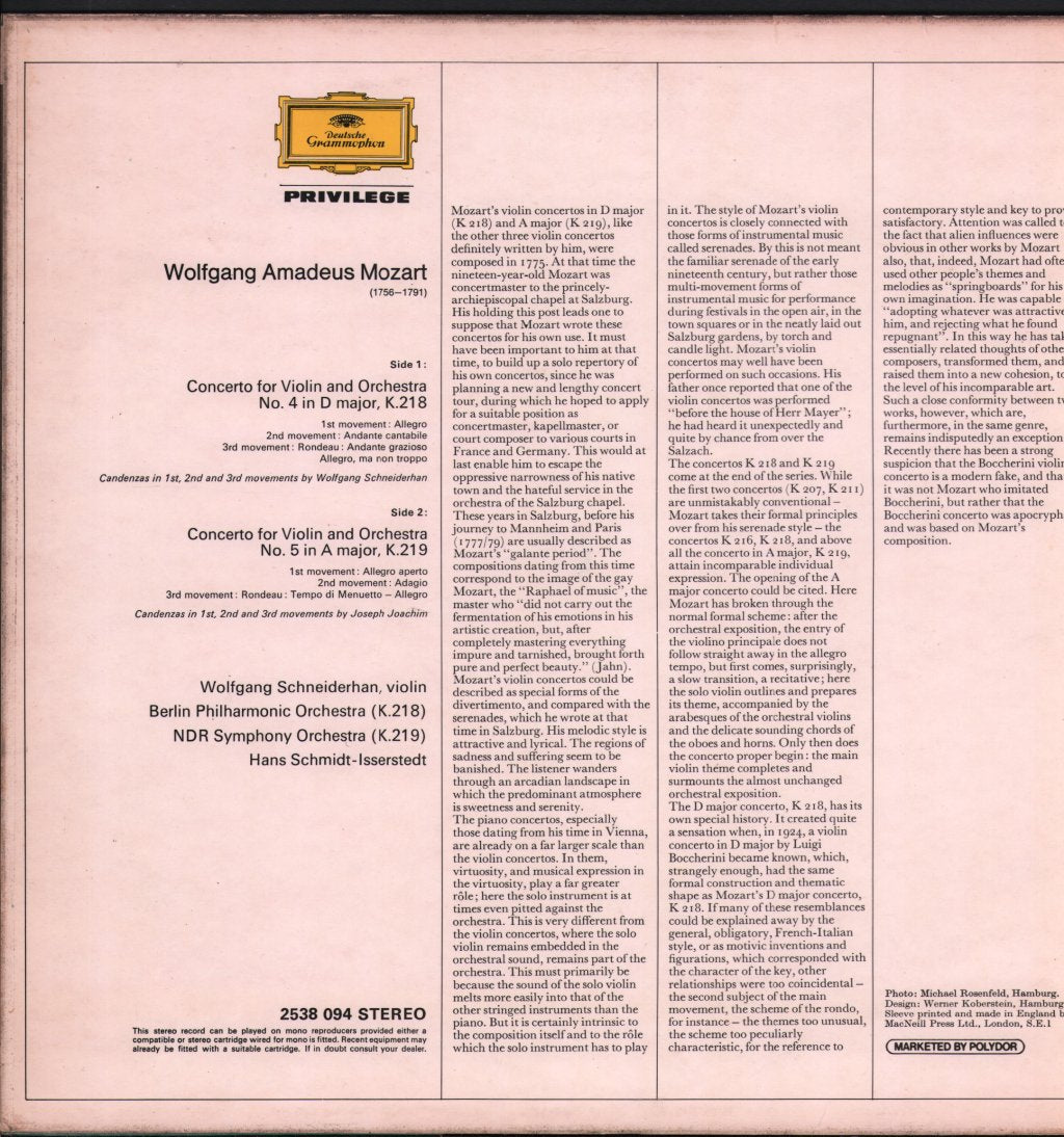 Wolfgang Schneiderhan / Hans Schmidt-Isserstedt / Berlin Philharmonic Orchestra - Mozart - Violinkonzerte Nr.4 Und Nr.5 - Lp
