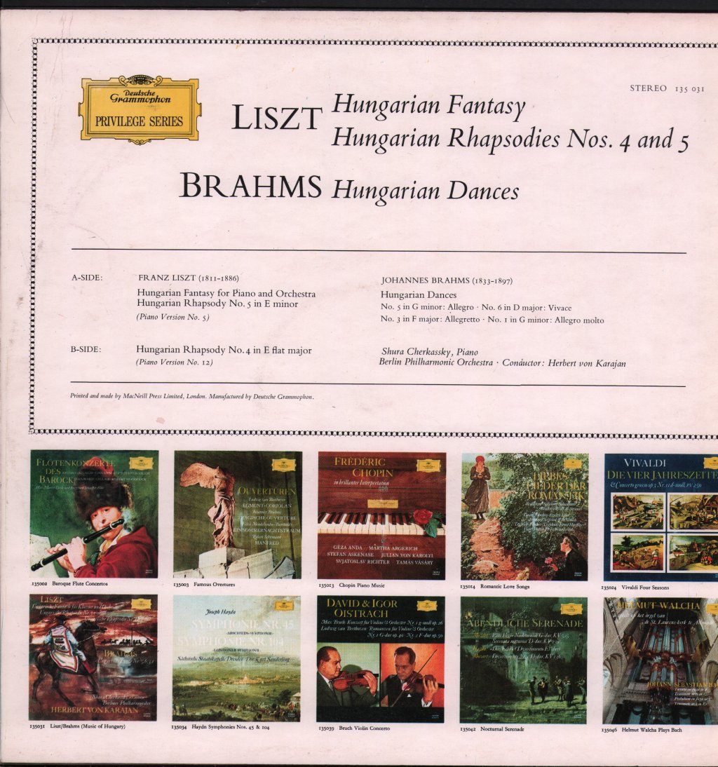 Shura Cherkassky / Berlin Philharmonic / Herbert Von Karajan - Liszt - Hungarian Fantasy For Piano And Orchestra / Hungarian Rhapsody No. 5 In E Minor / Brahms - Hungarian Dances - Lp