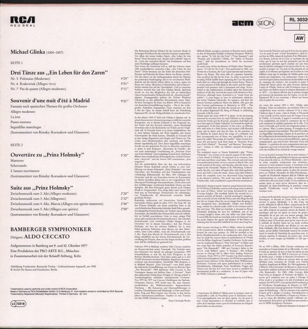 Bamberger Symphoniker / Aldo Ceccato - Glinka - Ein Leben Für Den Zaren / Souvenir D'Une Nuit D'Été À Madrid - Lp
