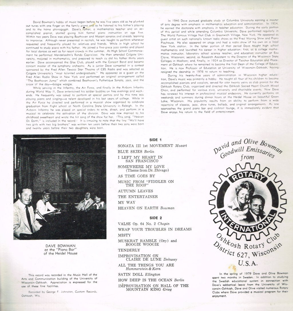 Dave Bowman - Piano and Voice Your Favorites - Lp
