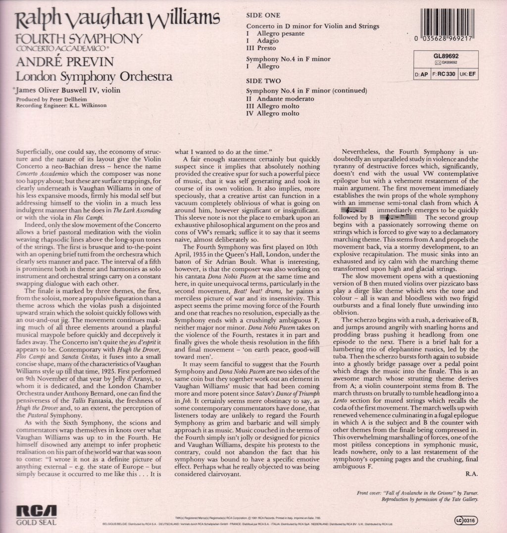 London Symphony Orchestra - vaughan williams symphony No 4 In D Minor / Concerto Academico - Lp
