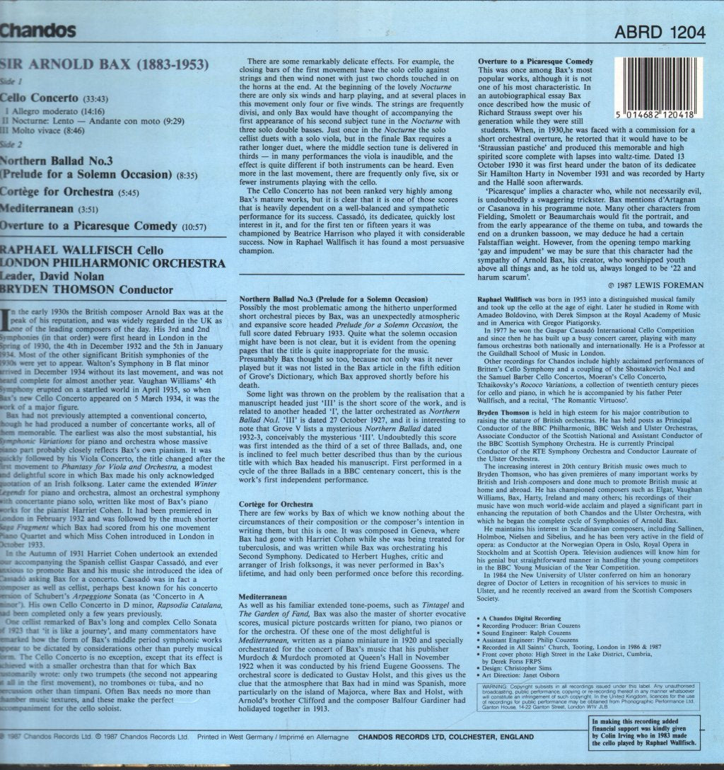 Raphael Wallfisch / London Philharmonic Orchestra / Bryden Thomson - Arnold Bax - Cello Concerto - Lp