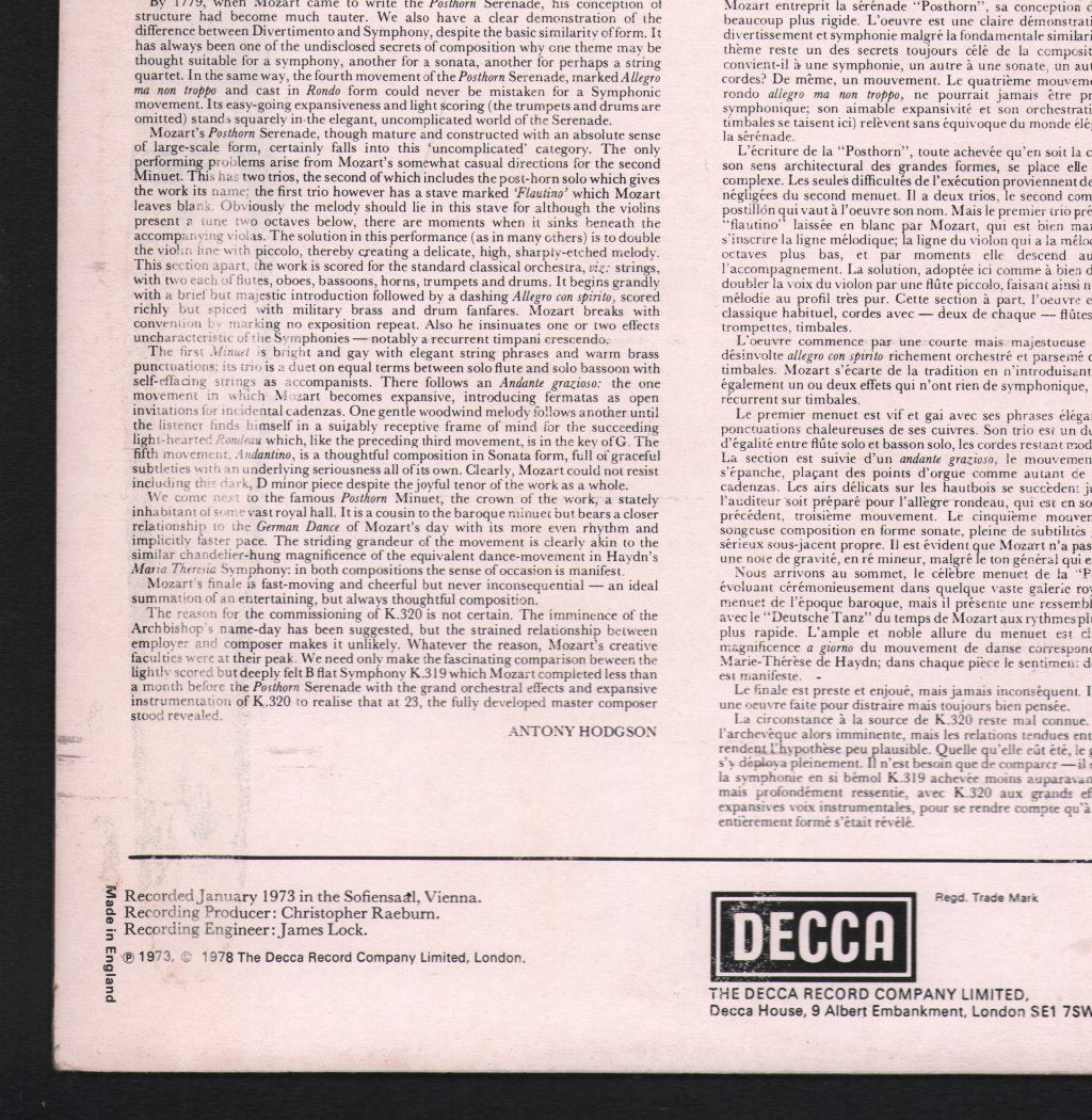 Willi Boskovsky / Vienna Mozart Ensemble - Mozart - Serenade No.9 In D, K.320 Posthorn - Lp