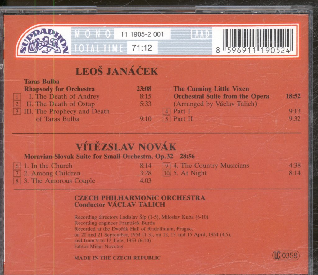 Czech Philharmonic Orchestra, Václav Talich - Janáček / Novak - Taras Bulba / The Cunning Little Vixen (Suite) / Moravian-Slovak Suite - Cd