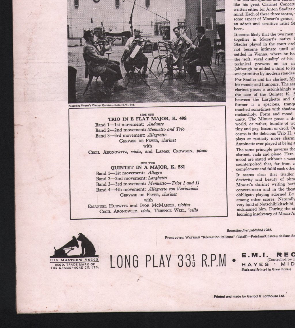 Gervase de Peyer with members of the Melos Ensemble - Mozart - Trio In E Flat Major, K.498; Quintet In A Major, K.581 - Lp