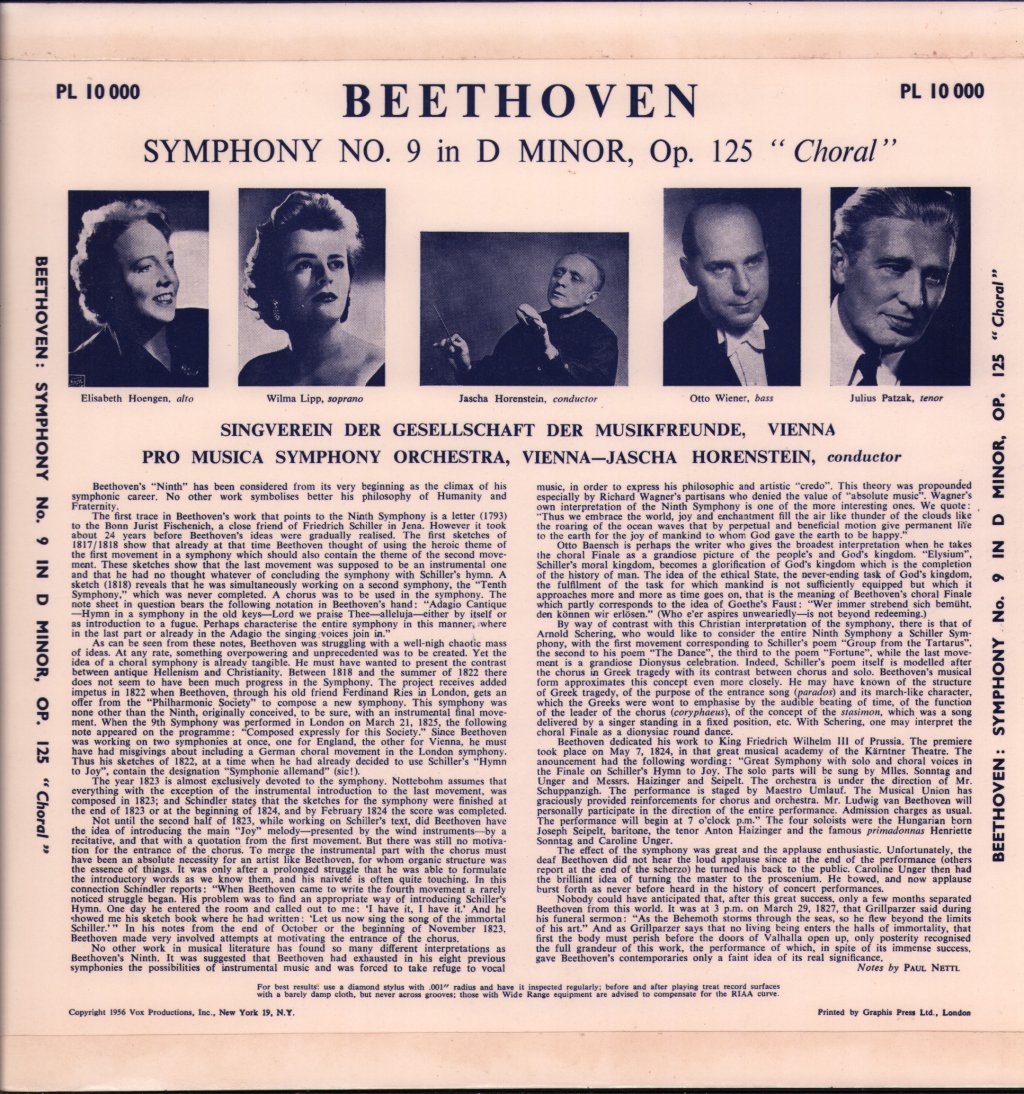 Jascha Horenstein / Pro Musica Symphony, Vienna / Wilma Lipp / Elizabeth Hoengen - Beethoven - Symphony No. 9 In D Minor, Op. 125 - Lp