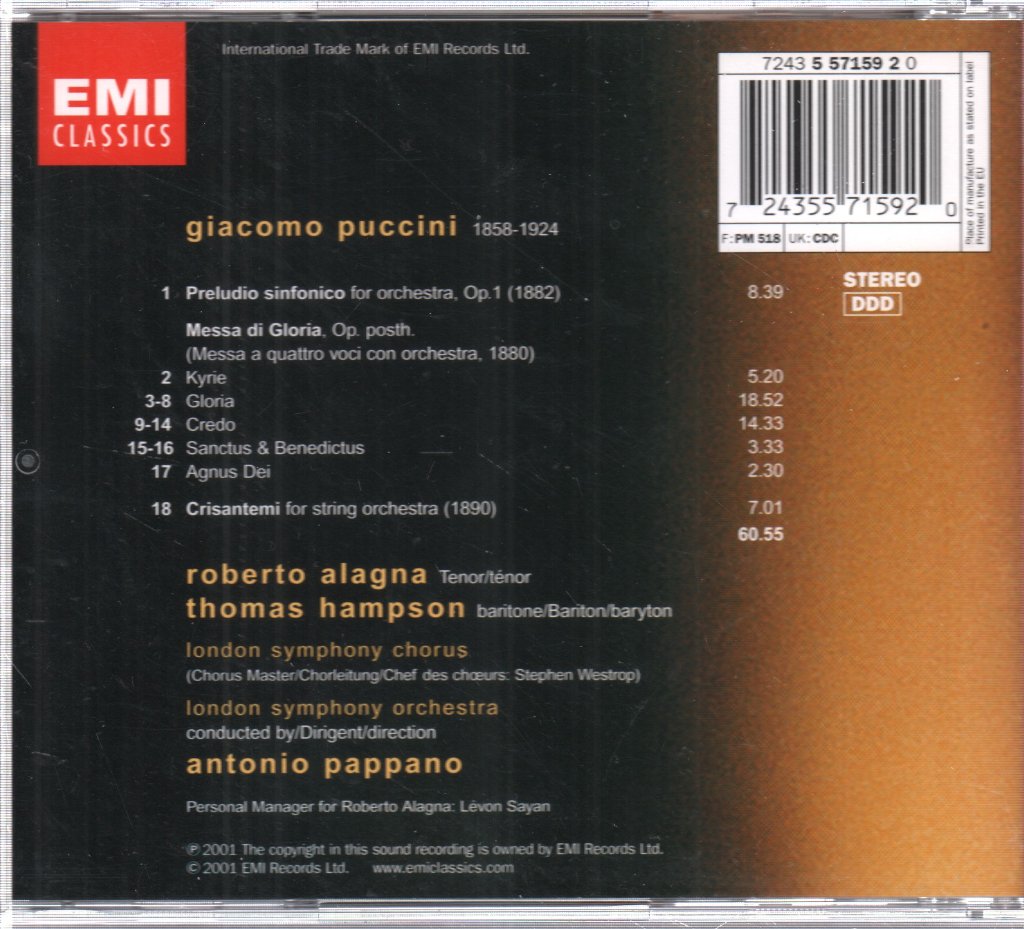 Giacomo Puccini - Messa Di Gloria, Preludio Sinfonico, Crisantemi - Cd