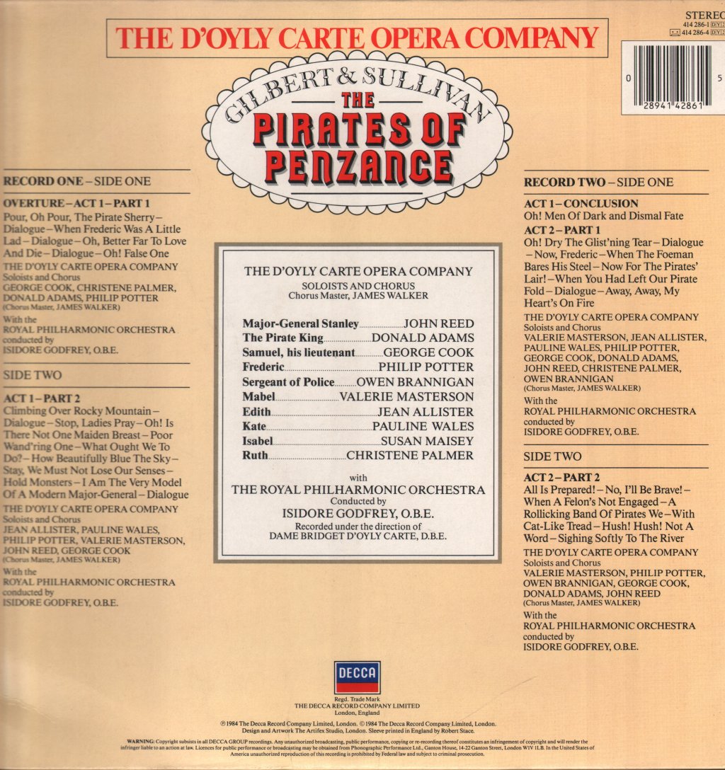 D'Oyly Carte Opera Company - Gilbert & Sullivan - Pirates Of Penzance - Double Lp