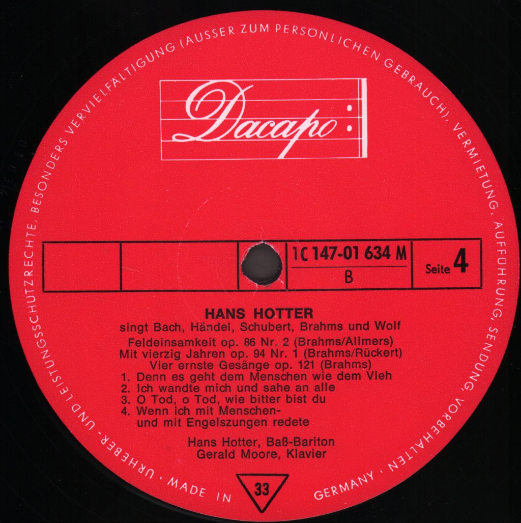 Hans Hotter - Singt Bach, Händel, Schubert, Brahms Und Wolf - Double Lp
