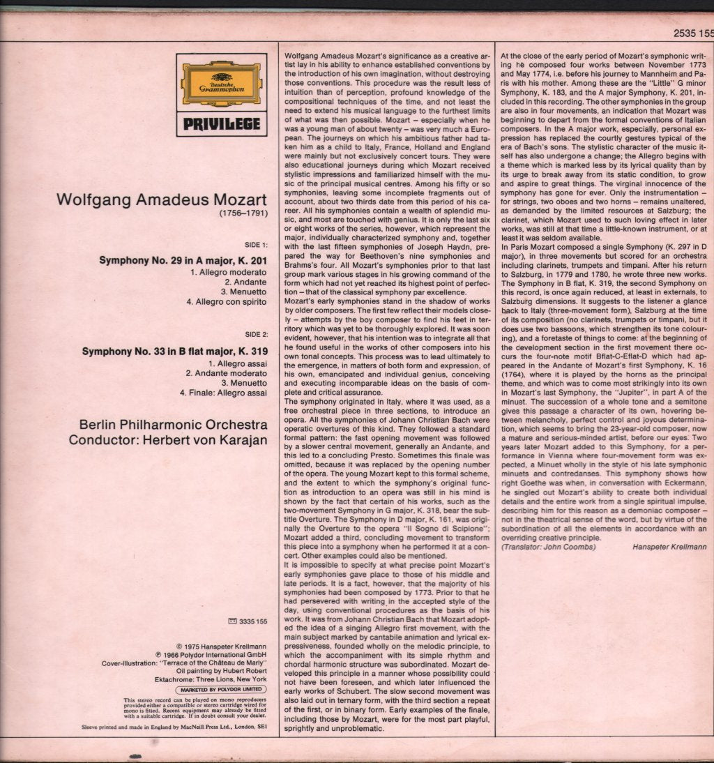 Herbert Von Karajan / Berlin Philharmonic Orchestra - Mozart Symphonies Nos.29 And 33 - Lp