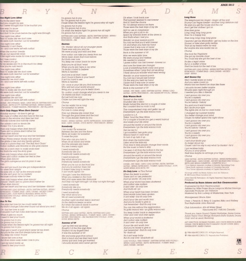 Bryan Adams - Reckless - Lp