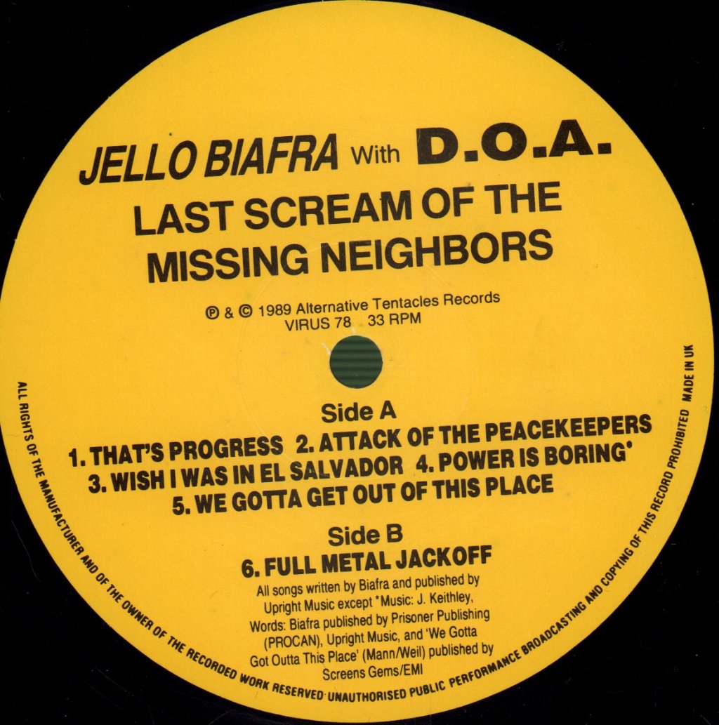 Jello Biafra With D.O.A. - Last Scream Of The Missing Neighbors - Lp