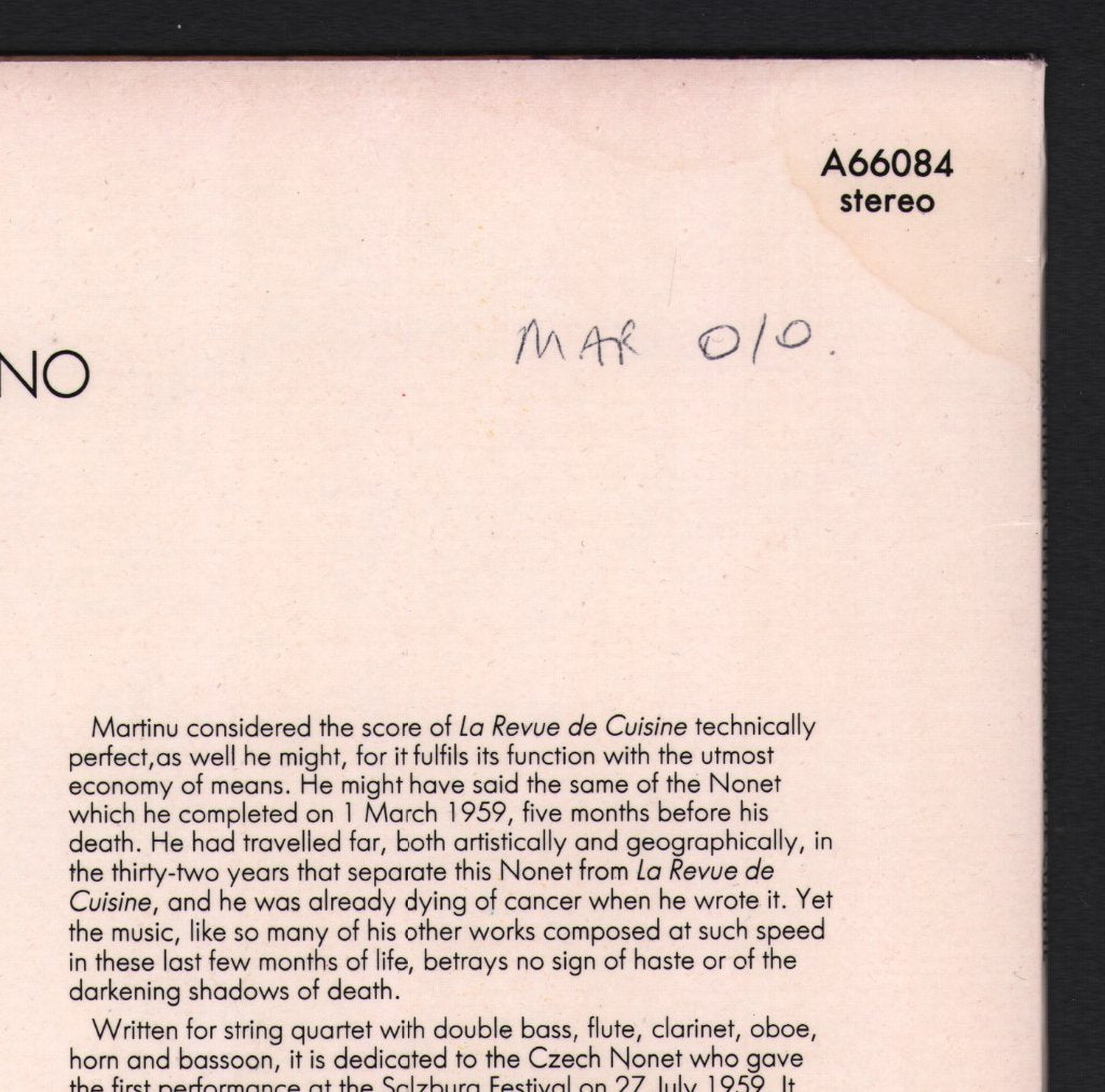 Dartington Ensemble - Martinu - Nonet / Trio / La Revue De Cuisine - Lp
