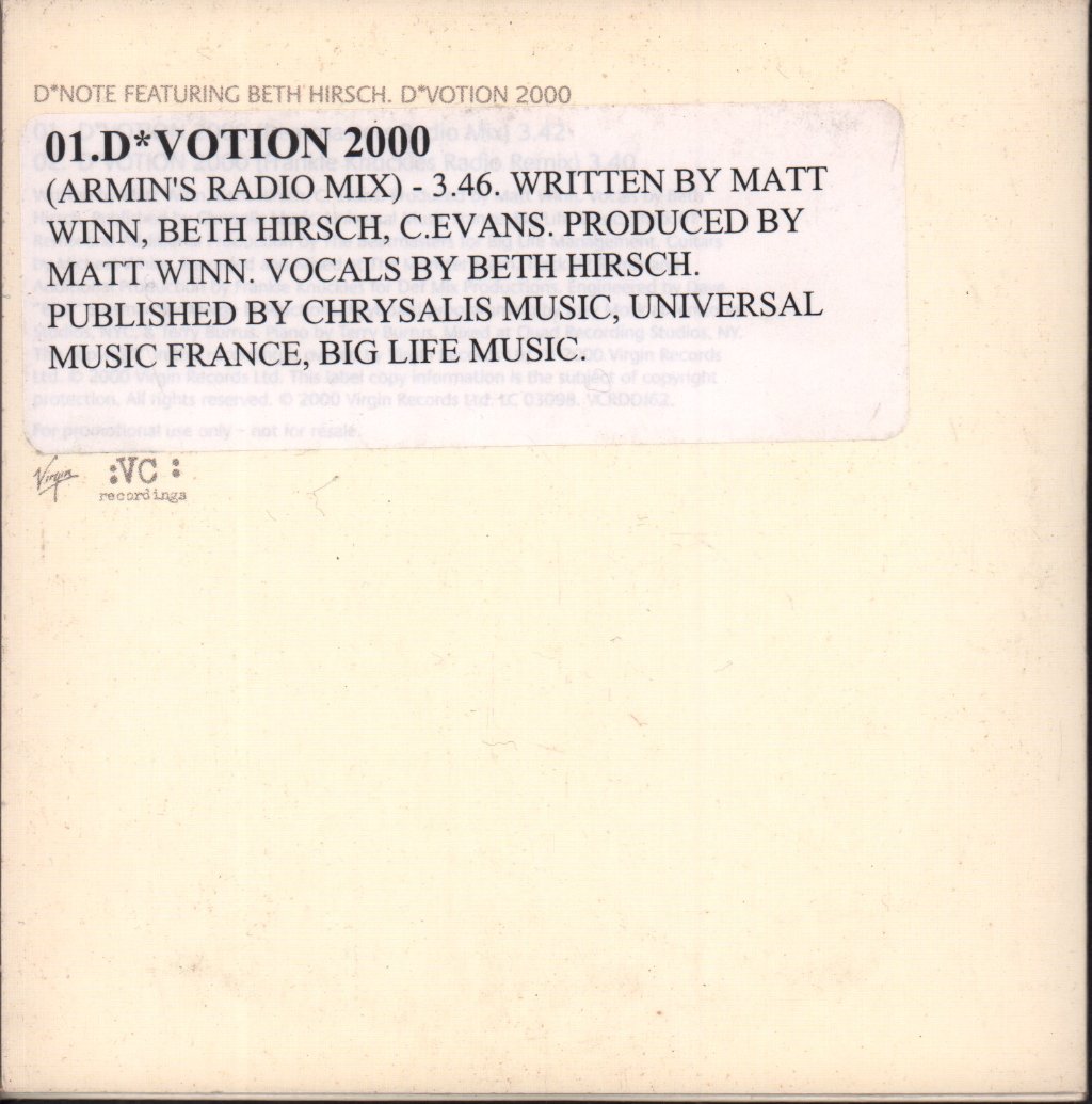 D*Note Featuring Beth Hirsch - D*Votion 2000 - Cdr