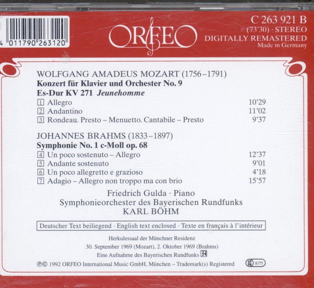 Karl Bohm, Symphonieorchester Des Bayerischen Rundfunks - Mozart / Brahms - Symphony No. 1 / Klavierkonzet KV 271 - Cd