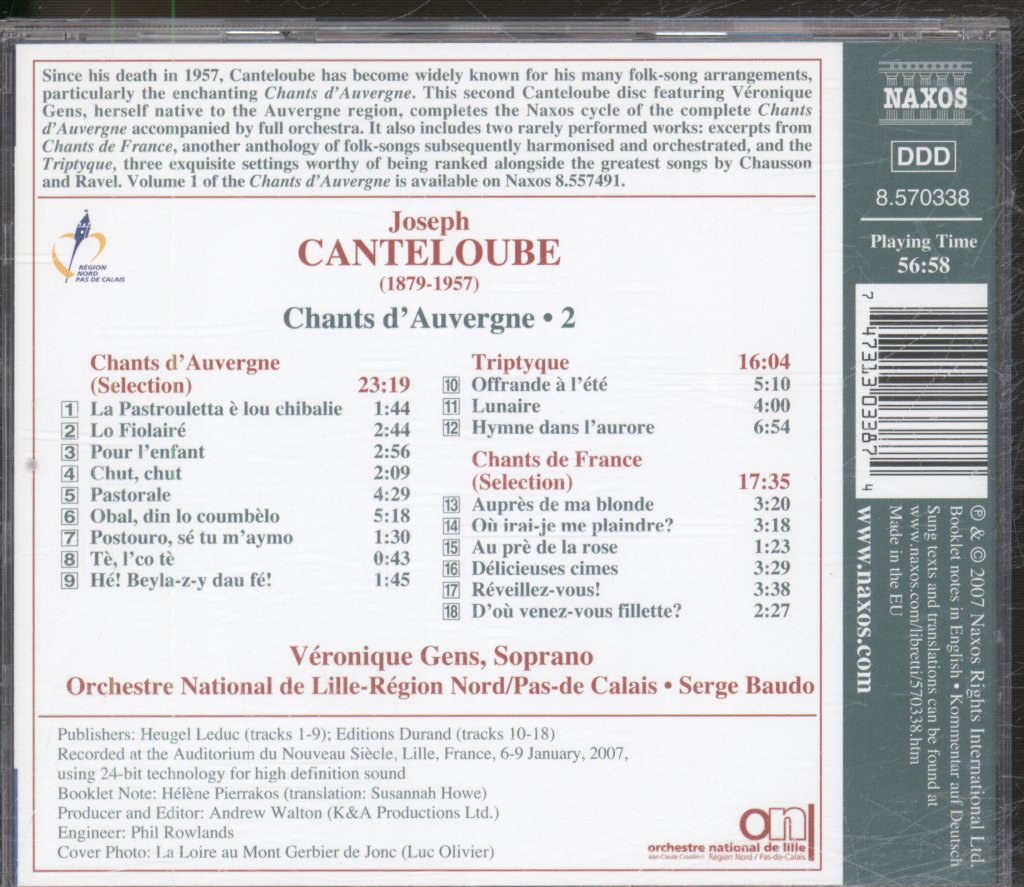Orchestre National De Lille Lille Region Norde/Pas De Calais - Canteloube - Chants D'Avergne 2 - Cd