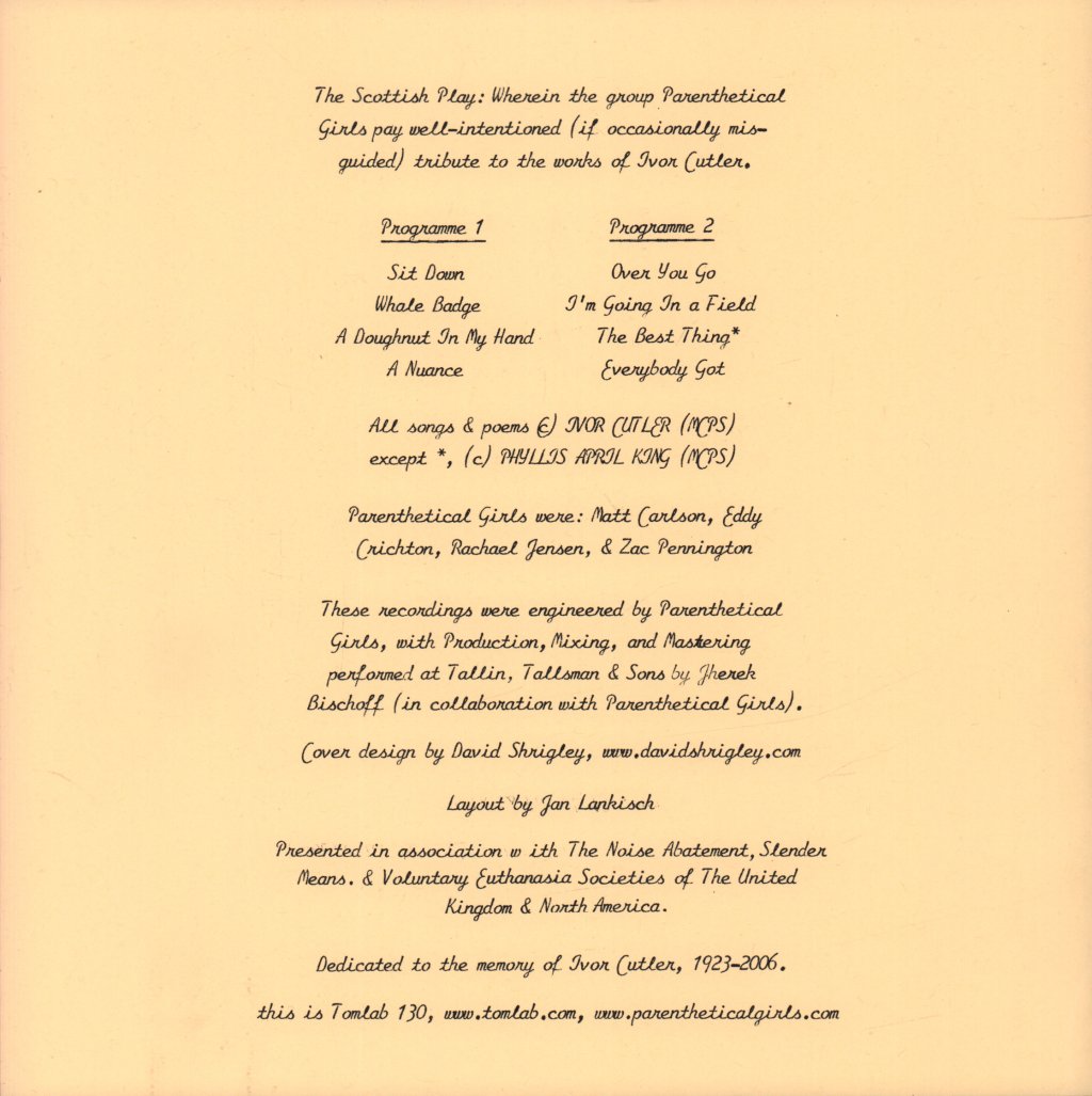 Parenthetical Girls - Scottish Play tribute to ivor cutler - 10 Inch