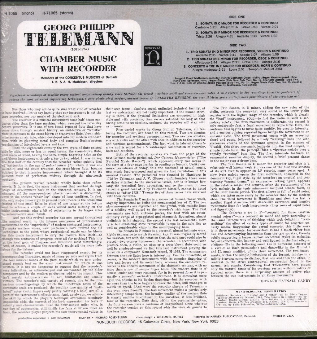 Concentus Musicus Of Denmark - Georg Philipp Telemann - Chamber Music With Recorder - Lp