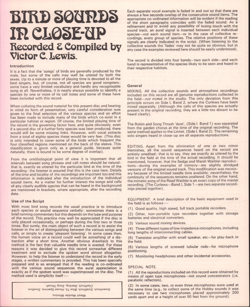 Bird Sounds In Close Up - Recorded And Compiled By Victor C Lewis - Lp