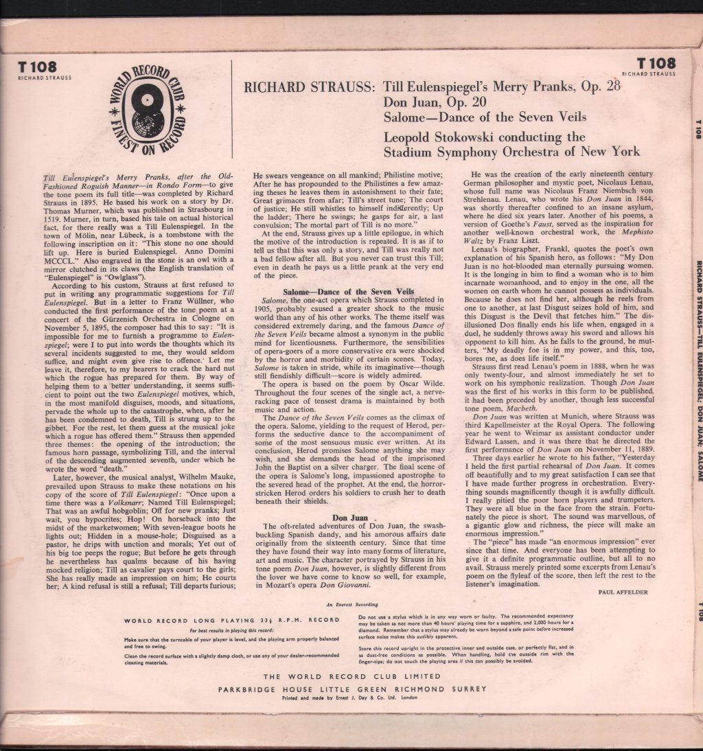 Leopold Stokowski / Stadium Symphony Orchestra Of New York - Richard Strauss - Till Eulenspiegel's Merry Pranks / Don Juan (Tone Poem) - Lp