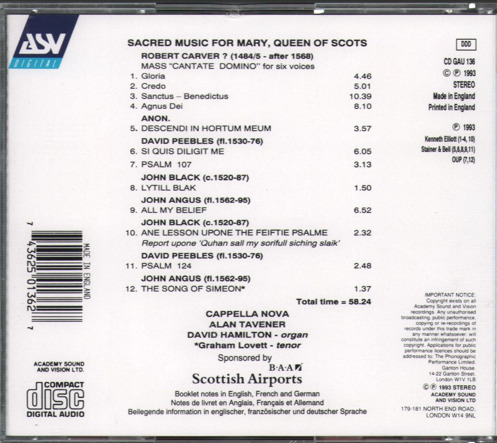 Cappella Nova - Sacred Music For Mary Queen Of Scots - Cd