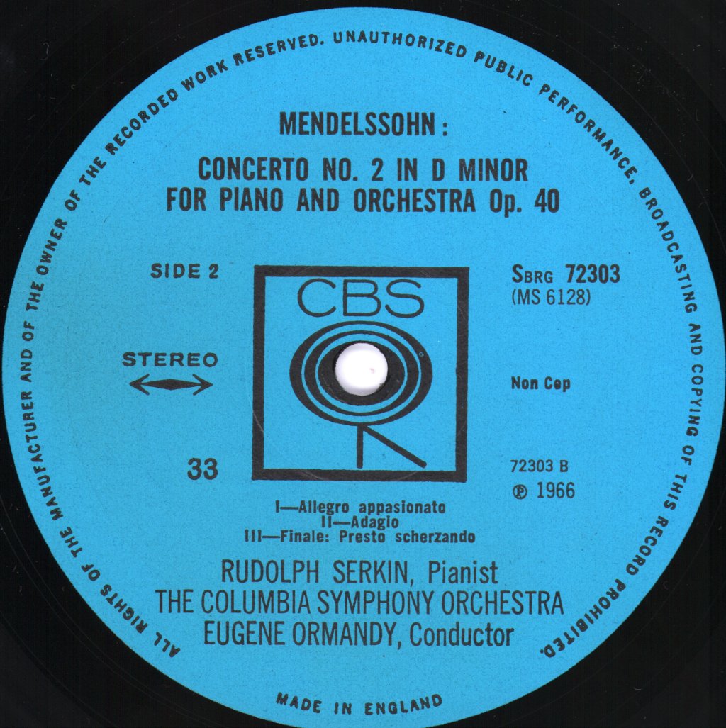 Rudolf Serkin / Eugene Ormandy / Philadelphia Orchestra / Columbia Symphony Orchestra - Mendelssohn - Concerto No. 1 In G Minor / Concerto No. 2 In D Minor - Lp