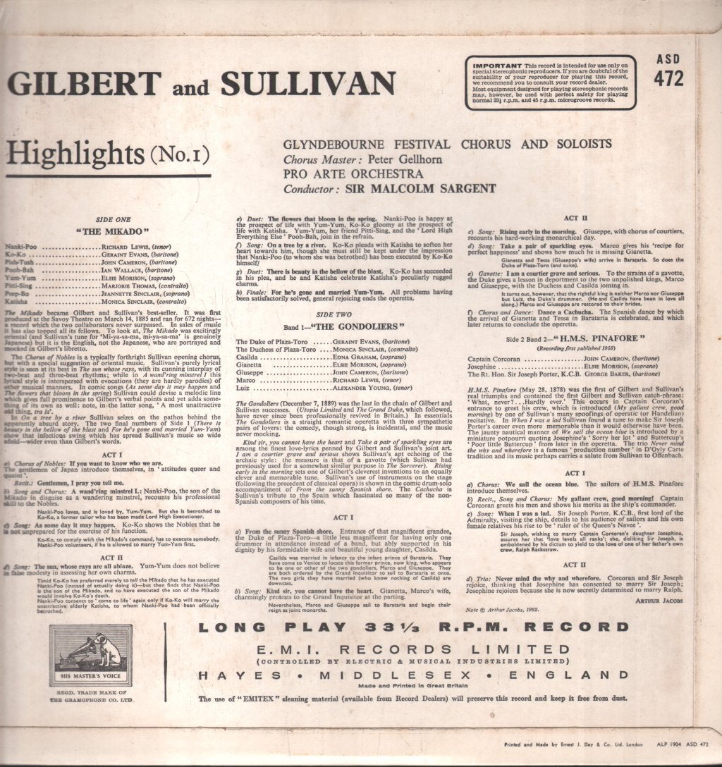 Sir Malcolm Sargent / Glyndebourne Festival Chorus / Pro Arte Orchestra - Gilbert & Sullivan Highlights No. 1 - Lp