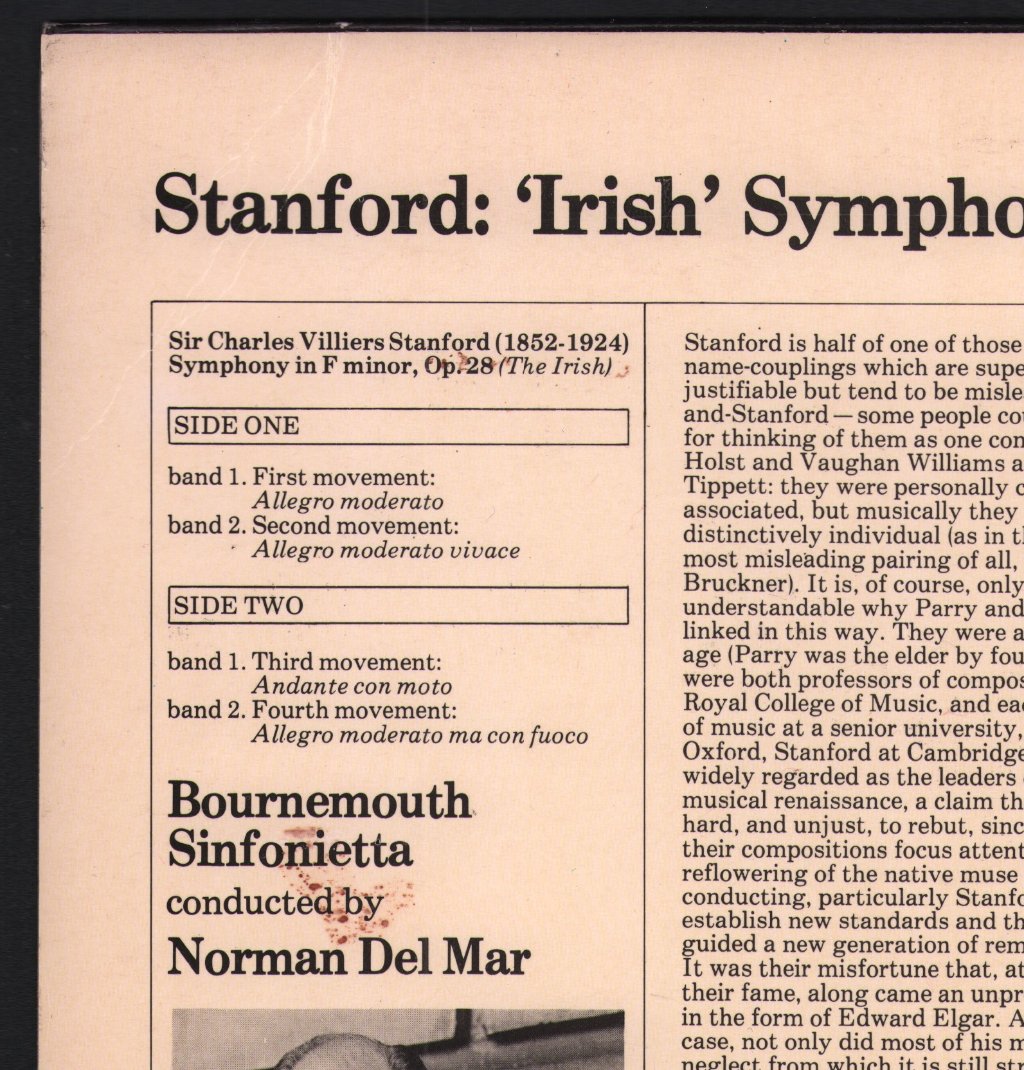 Norman Del Mar / Bournemouth Sinfonietta - Stanford - 'Irish' Symphony - Lp