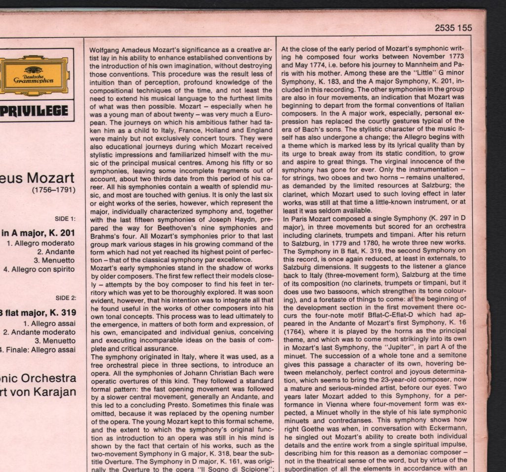 Herbert Von Karajan / Berlin Philharmonic Orchestra - Mozart Symphonies Nos.29 And 33 - Lp