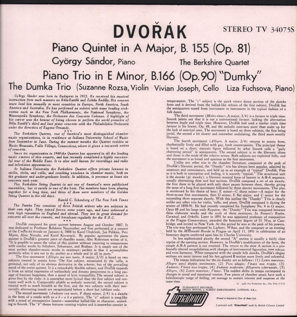 Gyorgy Sandor / Berkshire Quartet / Dumka Trio - Dvoark - Piano Quintet In A Major, B.155 / Piano Trio In E Minor, B.166 ("Dumky") - Lp