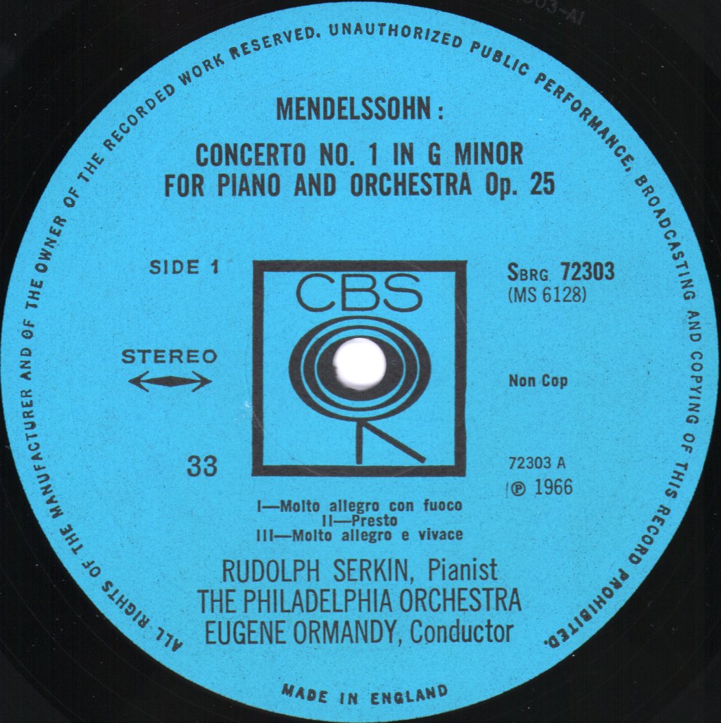 Rudolf Serkin / Eugene Ormandy / Philadelphia Orchestra / Columbia Symphony Orchestra - Mendelssohn - Concerto No. 1 In G Minor / Concerto No. 2 In D Minor - Lp