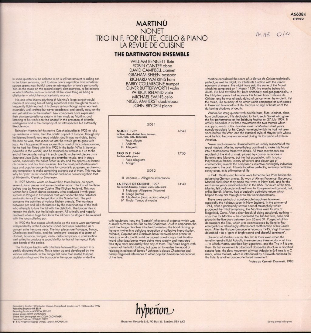 Dartington Ensemble - Martinu - Nonet / Trio / La Revue De Cuisine - Lp