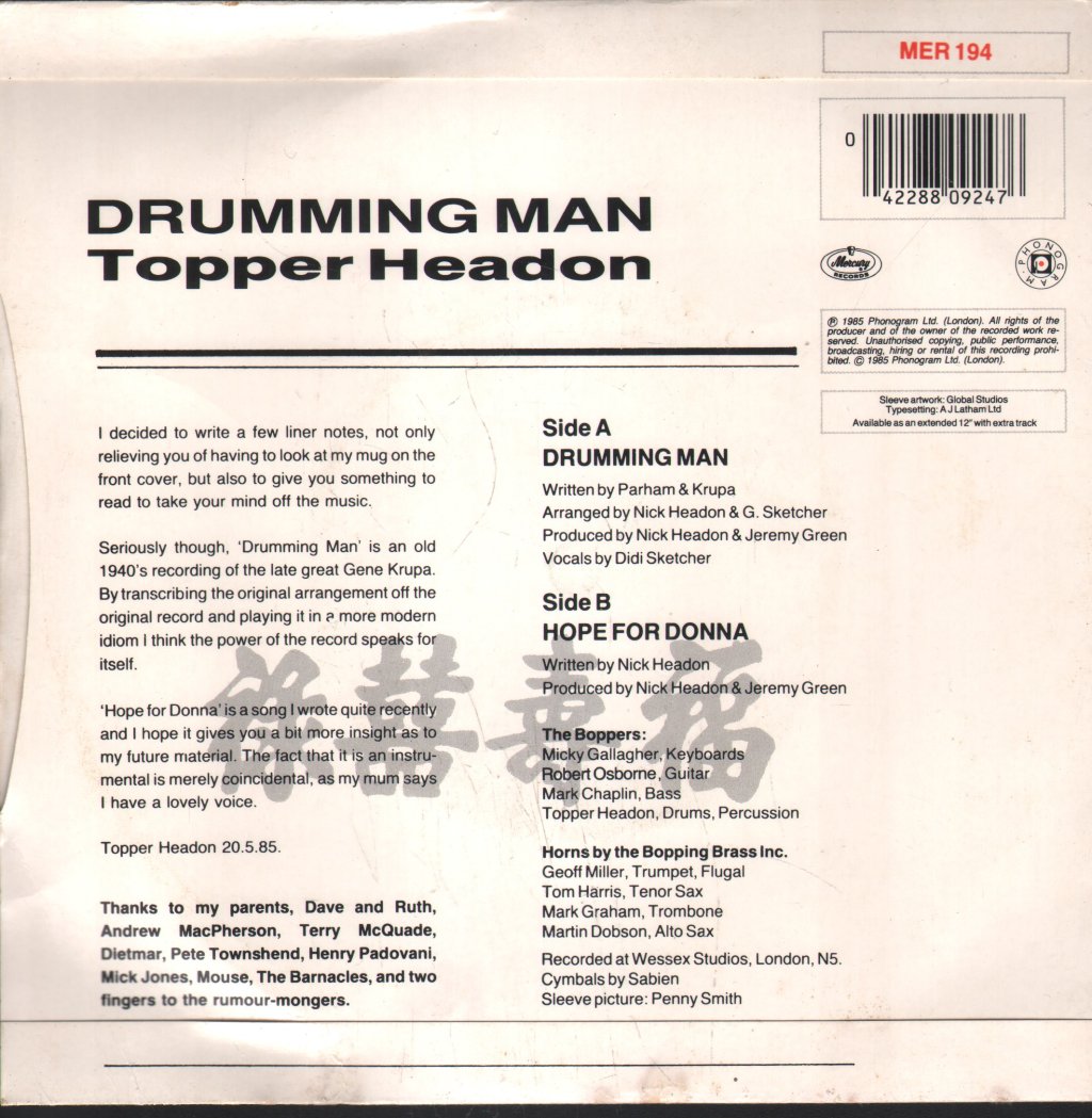 Topper Headon - Drumming Man - 7 Inch