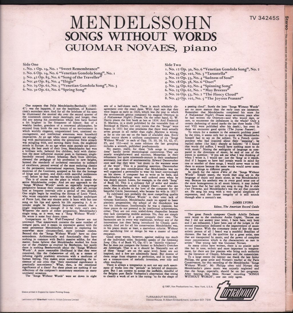 Guiomar Novaes - Mendelssohn - Songs Without Words - Lp