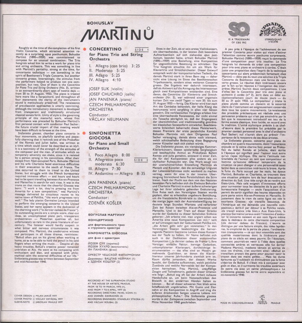 Josef Suk / Josef Chuchro / Jan Panenka / Czech Philharmonic / Vaclav Neumann / Zdenek Kosler - Martinu - Concertino For Piano Trio And String Orchestra / Sinfonietta Giocosa For Piano And Small Orchestra - Lp